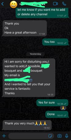 WhatsApp review from satisfied IPTV subscriber praising channel quality and fast activation
