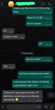 Real customer WhatsApp message confirming 4K streaming quality with no buffering
