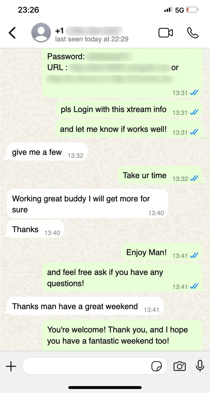 IPTV subscriber review screenshot confirming instant support and easy setup